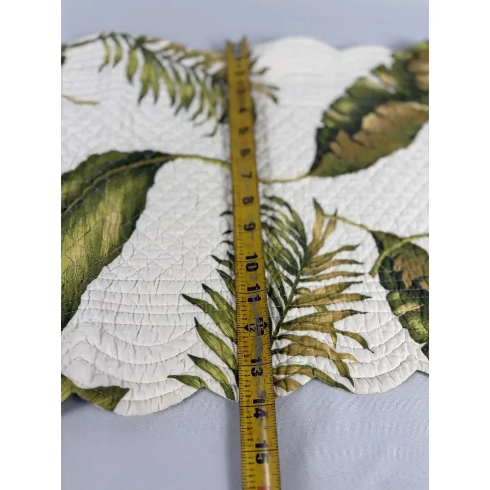 Tropical Leaf and Striped Reversible Quilted Table Runner Scalloped Edge 14x 53